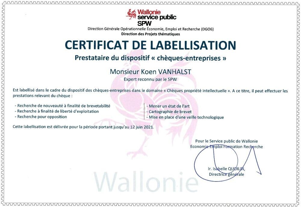 De Clercq & Partners granted label "Expert en Propriété intellectuelle" by Walloon Region